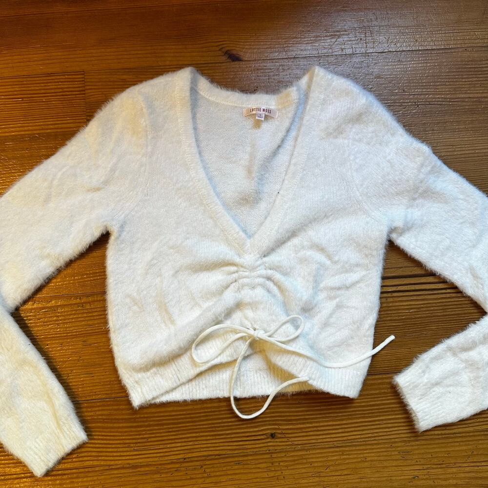 Lottie Moss white fuzzy long sleeve adjustable‎ front sweater SIZE S